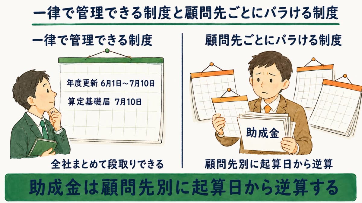 一律管理できる制度と顧問先ごとにバラける制度の対比