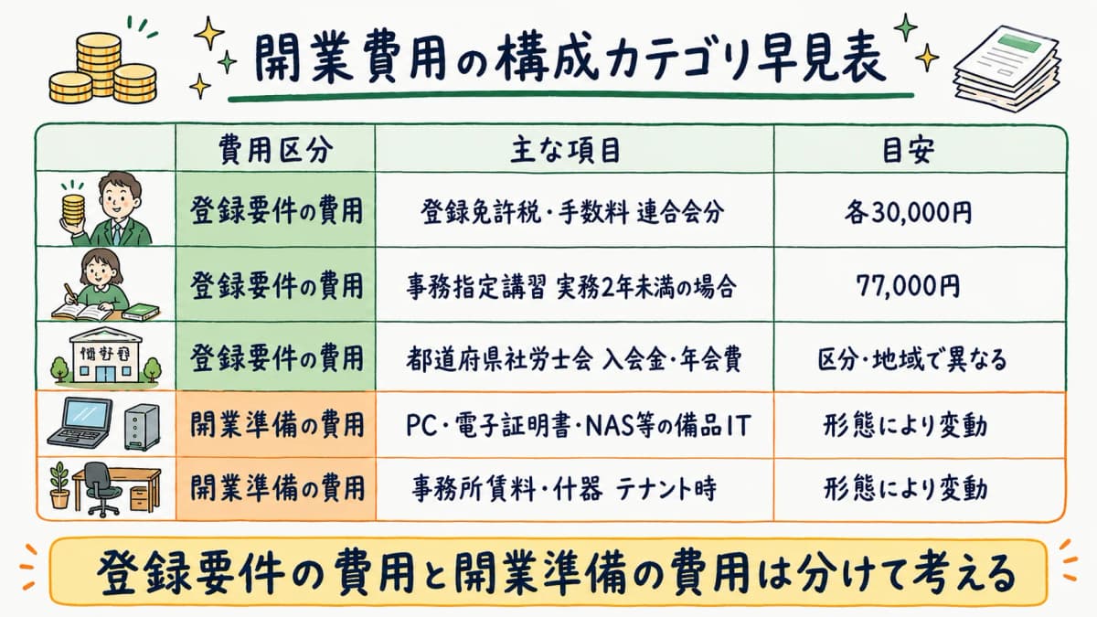 開業費用の構成カテゴリ早見表