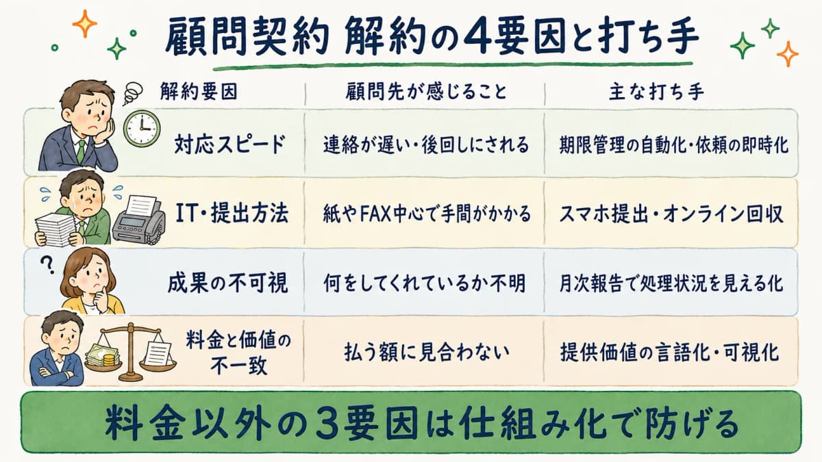 顧問契約 解約要因の4分類と打ち手の対応マトリクス