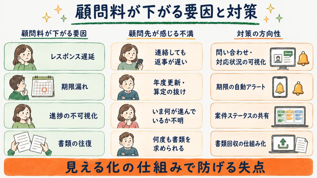 顧問料が下がる要因と対策の対応表