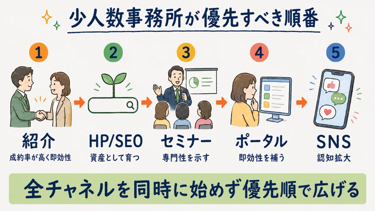 少人数事務所の開拓ステップ:紹介→HP/SEO→セミナー→ポータル→SNS