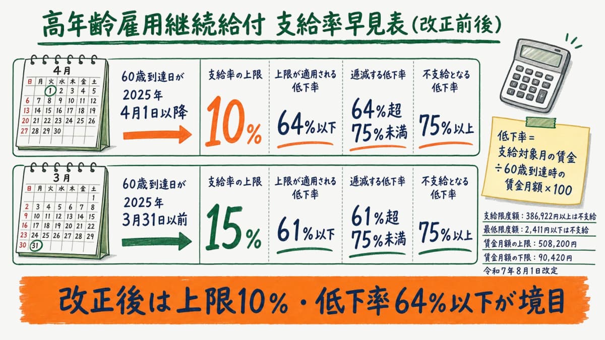 高年齢雇用継続給付 支給率早見表(改正前後)