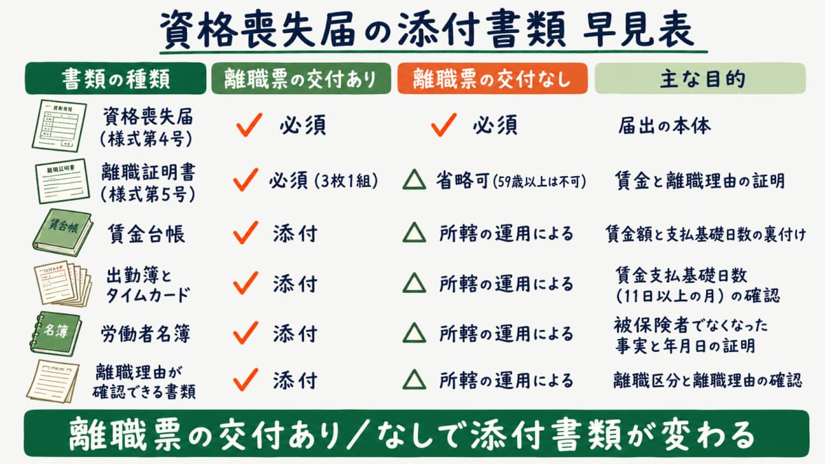 雇用保険 資格喪失届 添付書類早見表(離職票あり/なし)