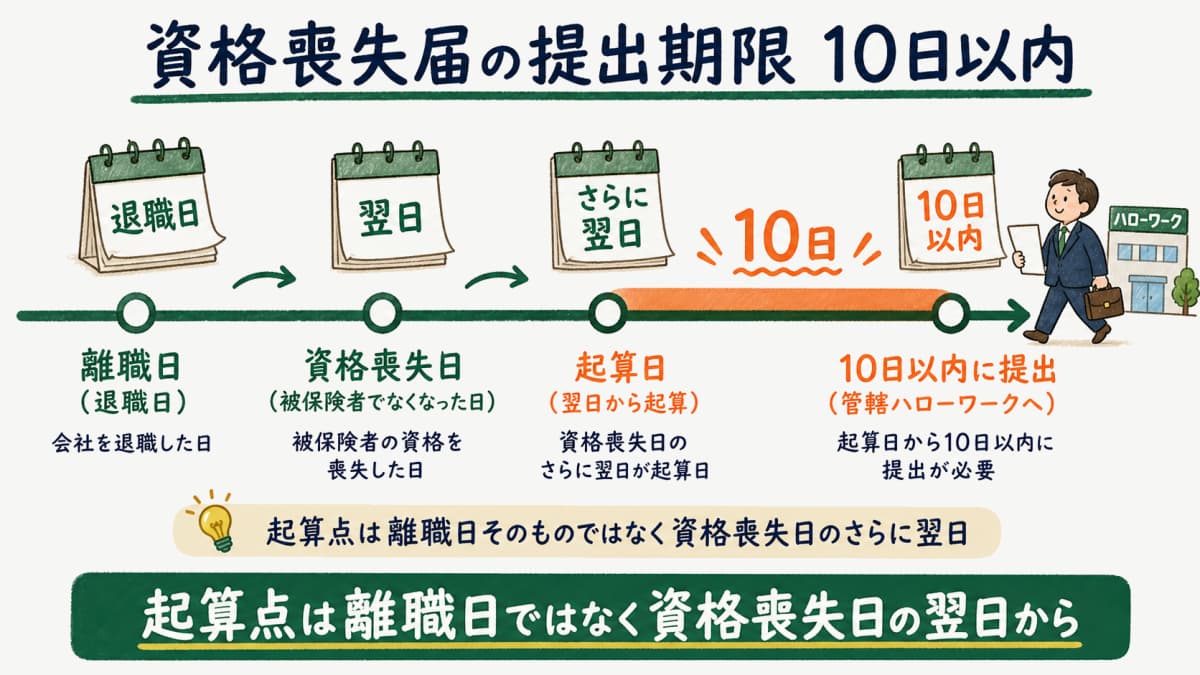 資格喪失届の提出期限(被保険者でなくなった日の翌日から10日以内)のタイムライン図