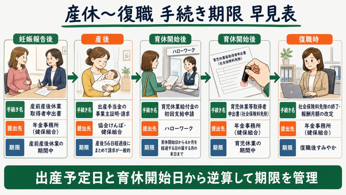 産休から復職までの手続き期限早見表