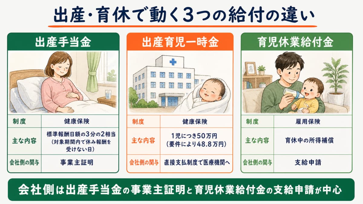 出産手当金・出産育児一時金・育児休業給付金の比較図