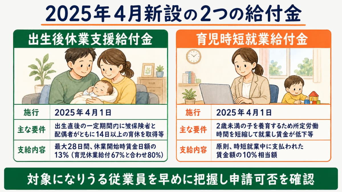 2025年4月新設の出生後休業支援給付金と育児時短就業給付金