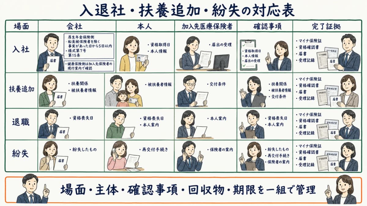 入社・扶養追加・退職・紛失を主体・確認事項・回収物・期限で整理した対応表