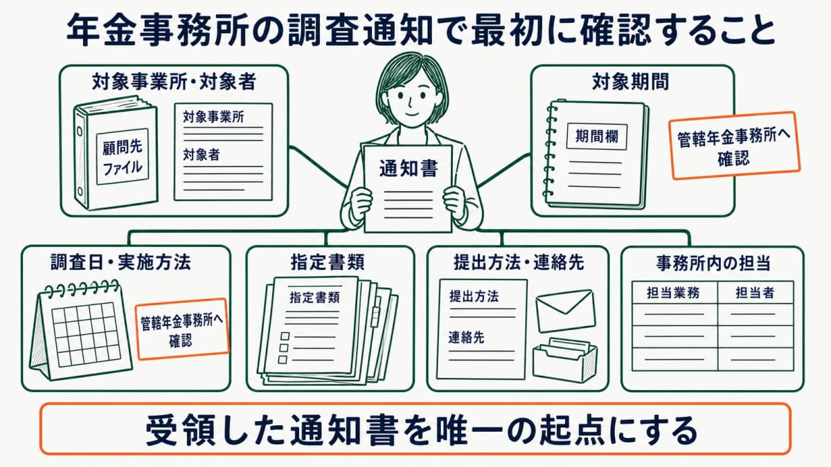 年金事務所の調査通知から対象期間・調査日・指定書類・提出方法を確認する図