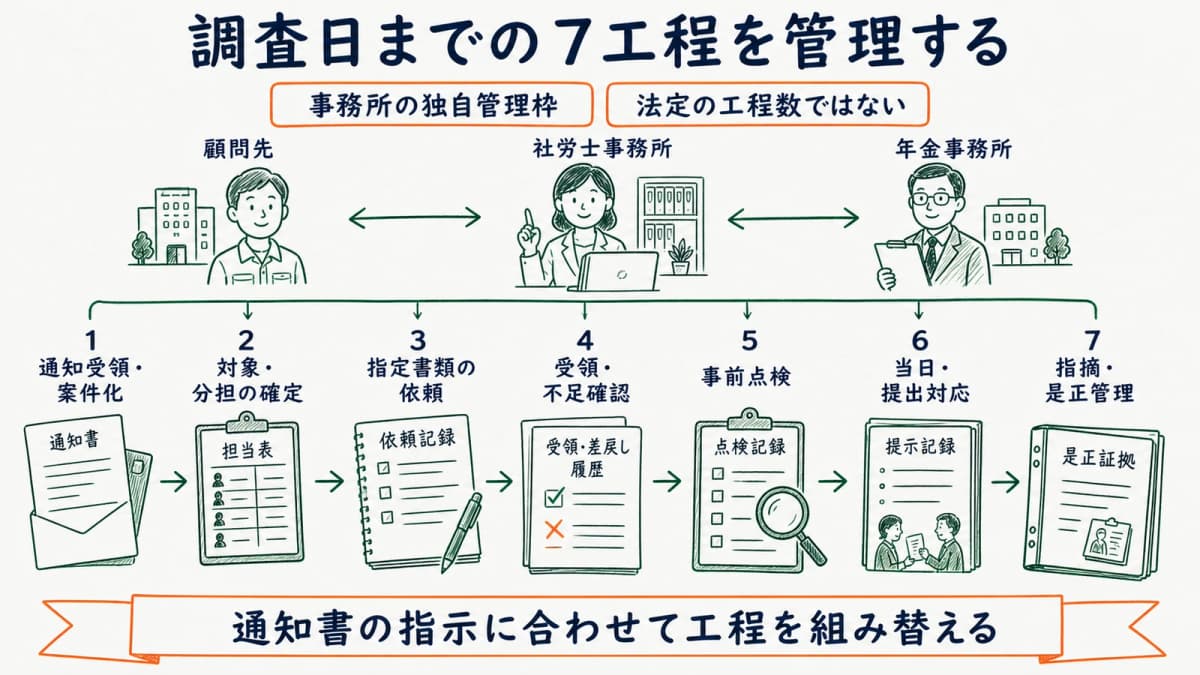 通知受領から指摘後の是正までを7工程で管理する図