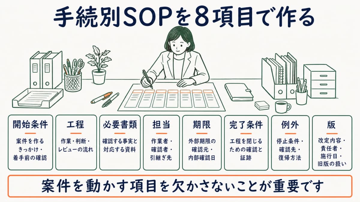 開始条件から版までの8項目で手続別SOPを設計する図