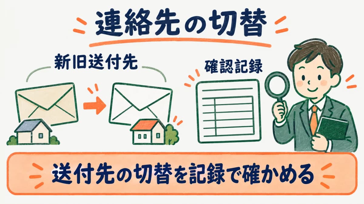 社労士事務所の新旧連絡先と書類送付先を切り替える図