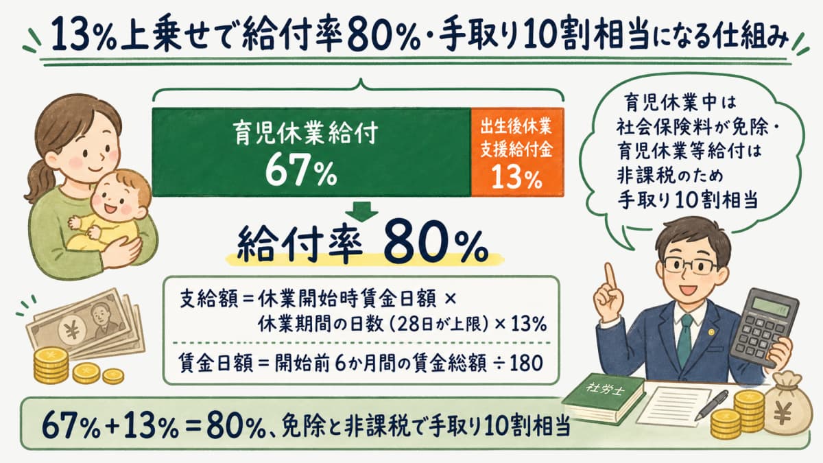 育児休業給付に13%を上乗せして給付率80%となり手取り10割相当になる仕組み図
