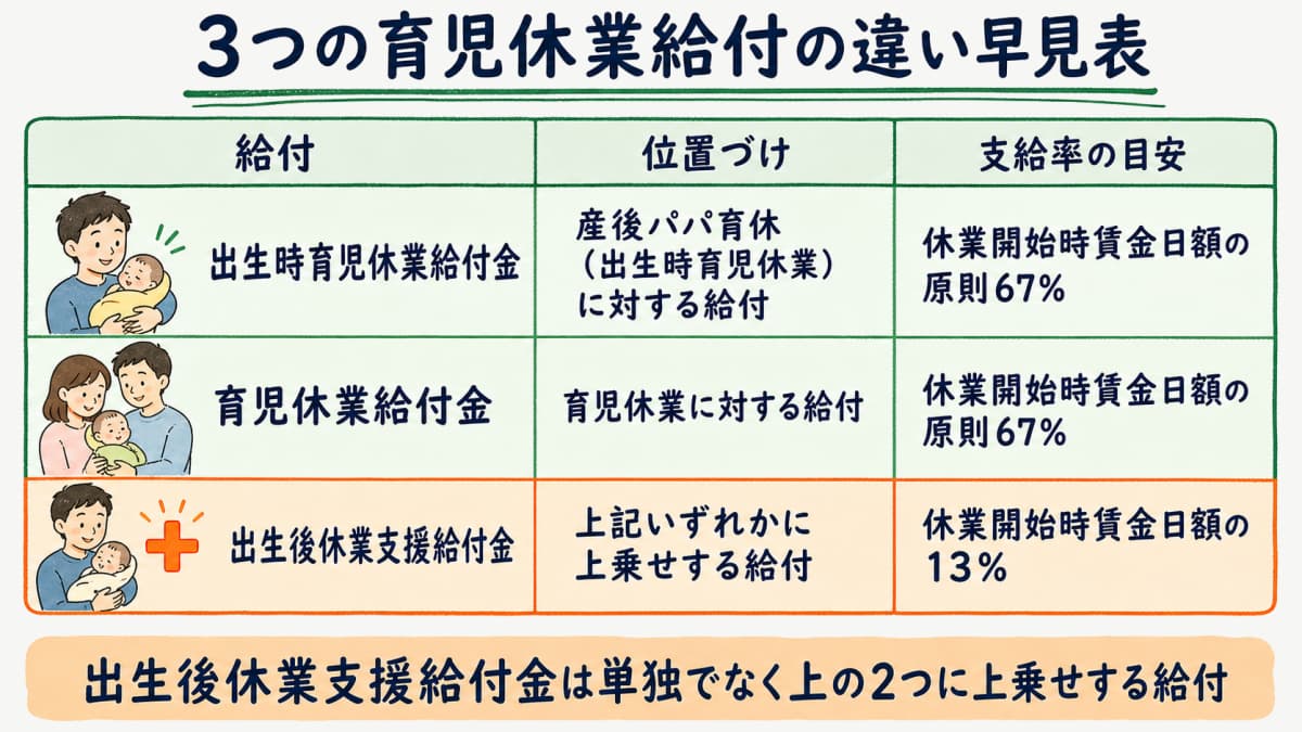 出生時育児休業給付金・育児休業給付金・出生後休業支援給付金の違い早見表