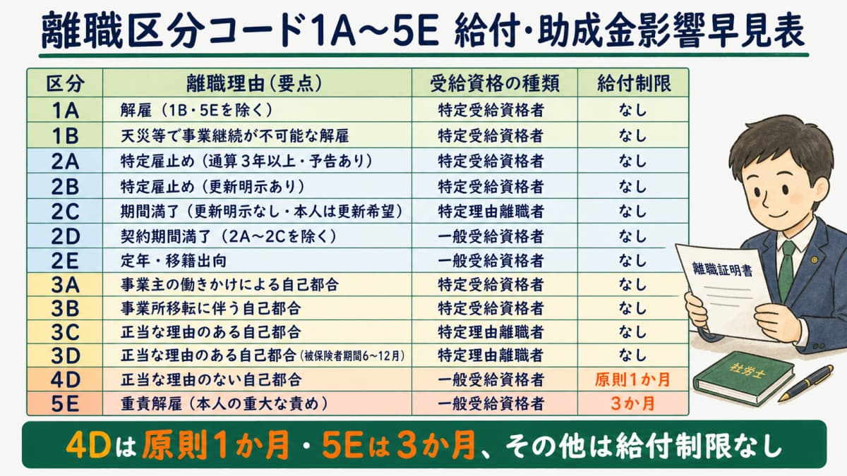 離職区分コード1A〜5E 給付・助成金影響早見表