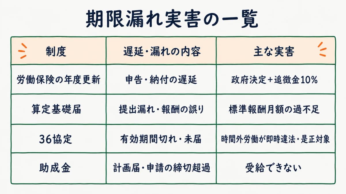 期限漏れ実害マトリクス(制度別の遅延リスク)