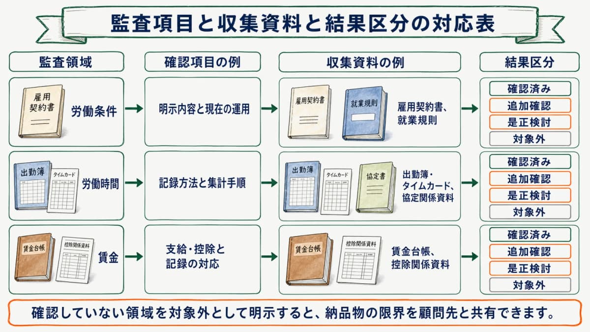 監査項目と収集資料と結果区分の対応表