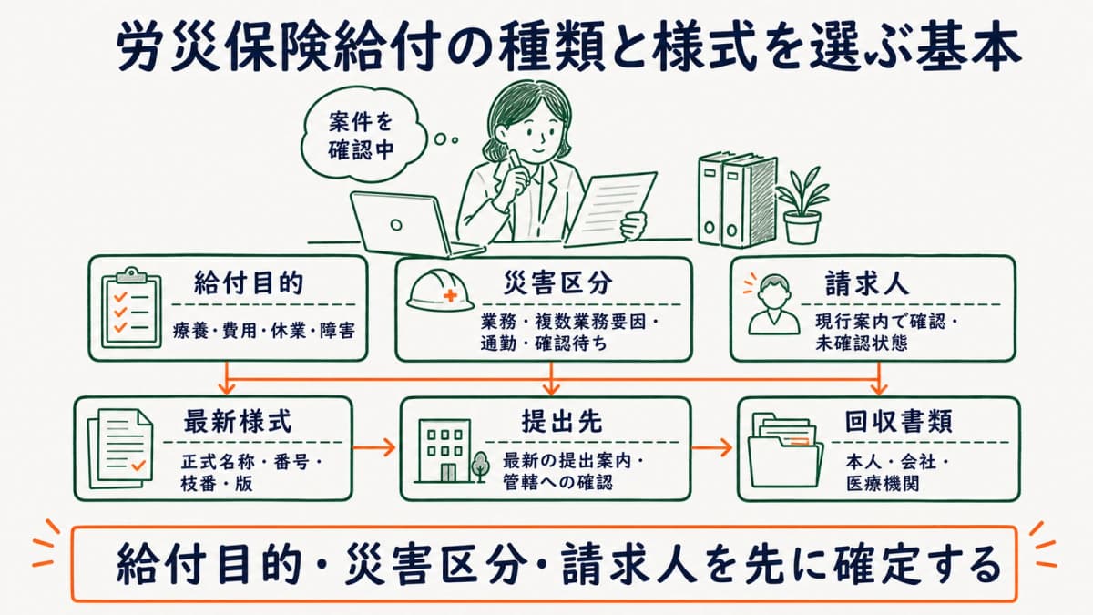 給付目的・災害区分・請求人から最新様式と確認事項を絞る図