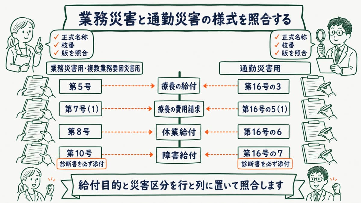 業務災害用と通勤災害用の主要様式を給付目的別に照合する図