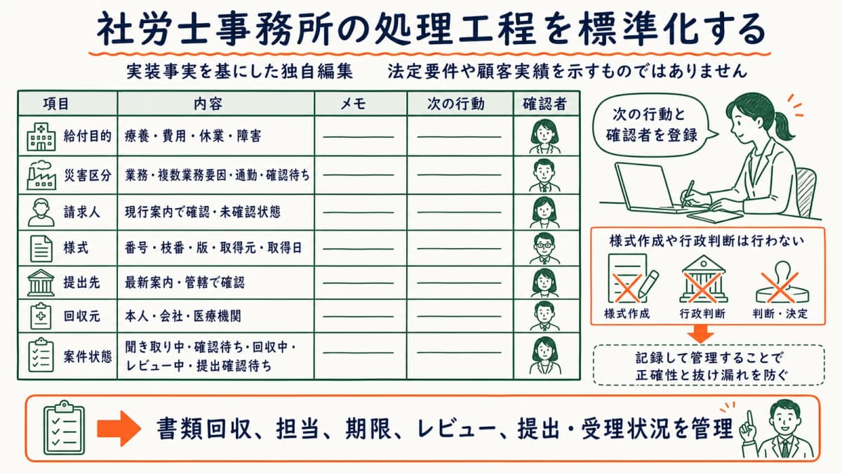 受任時の聞き取りから回収・確認・提出状態までをつなぐ図