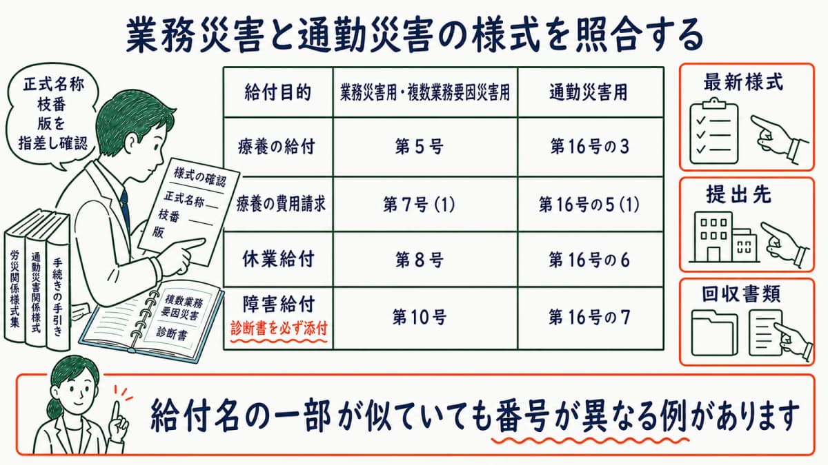 療養・費用・休業・障害について業務災害用と通勤災害用の様式番号を並べた比較図