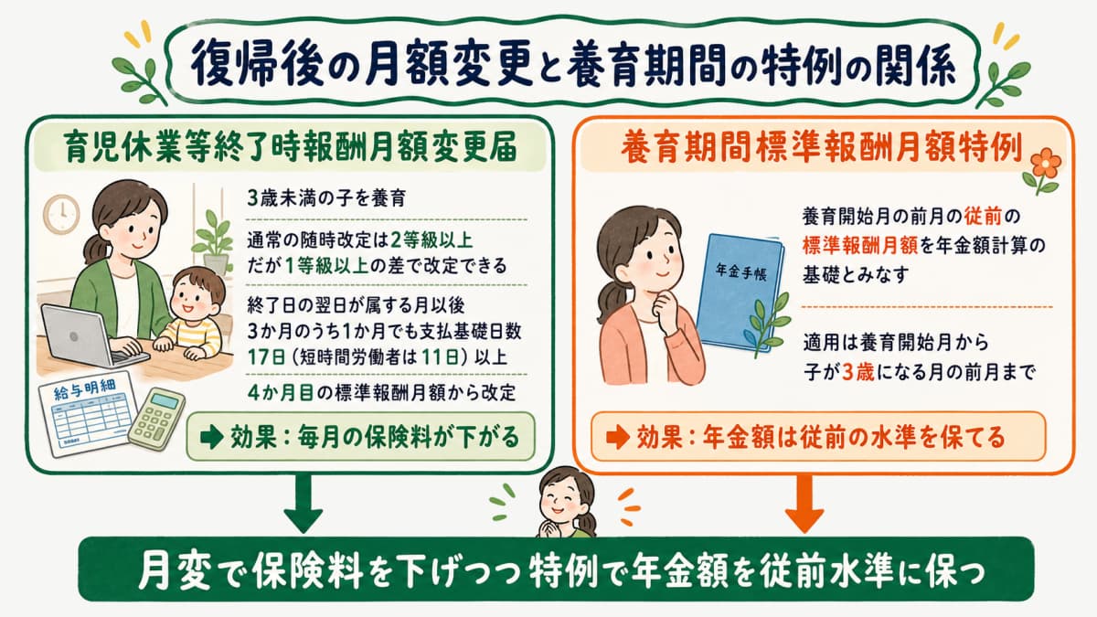 復帰時の月額変更と養育期間標準報酬月額特例の関係