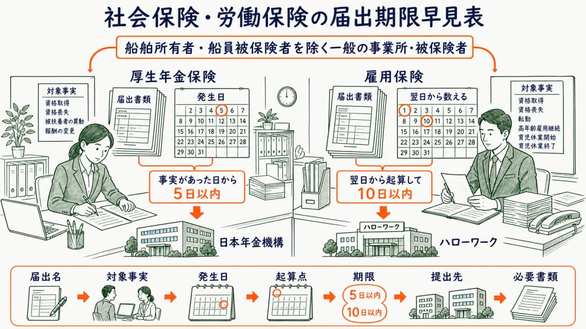 厚生年金保険と雇用保険の届出名・起算日・期限・提出先を並べた期限マトリクス