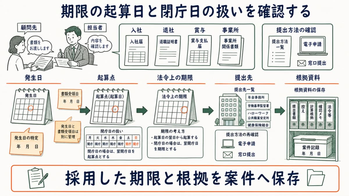 発生日・起算点・法令上の期限・提出先を証拠書類と結ぶ確認フロー