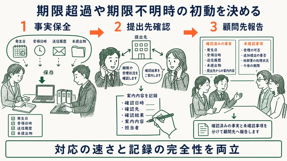期限超過や期限不明が判明した後の事実保全・提出先確認・顧問先報告の初動フロー