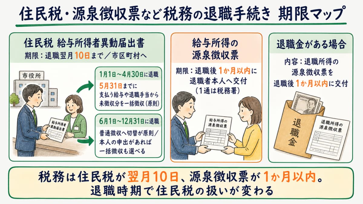 住民税・源泉徴収票など税務の退職手続き 期限マップ