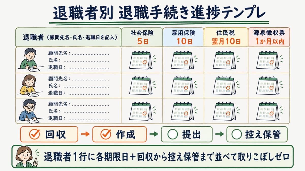 退職者別 退職手続き進捗テンプレ 回収から控え保管まで