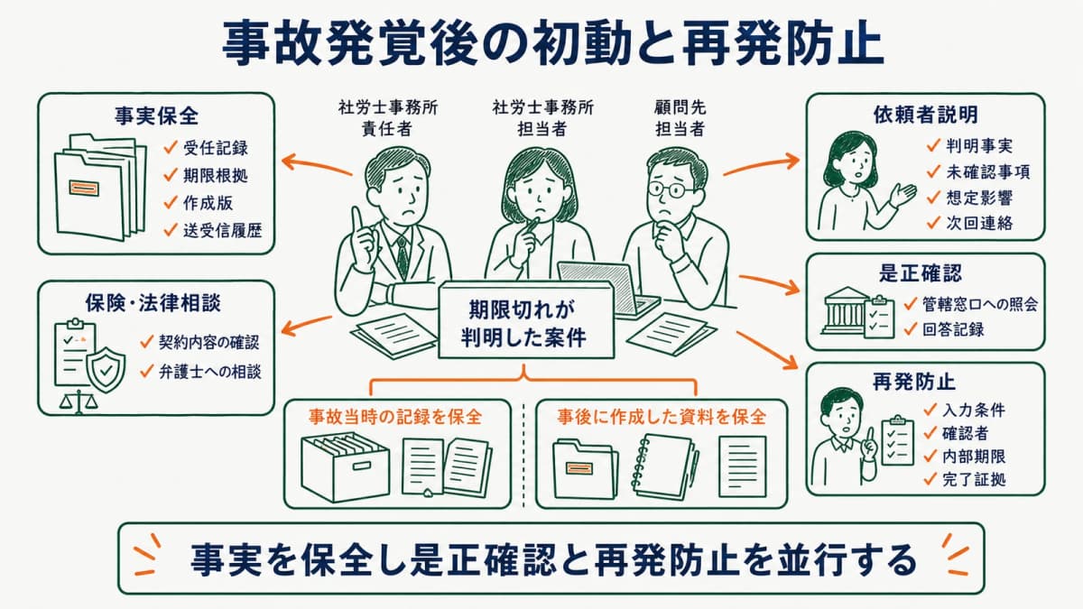 事故発覚後に事実保全・説明・是正確認・再発防止を進める図