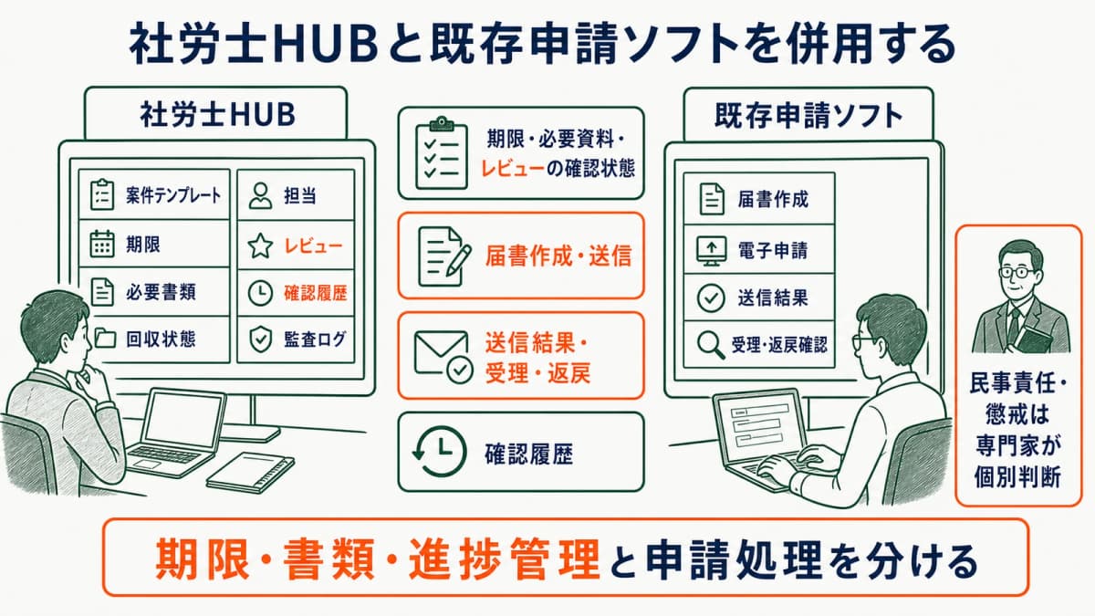 期限・書類・進捗管理と既存申請ソフトの申請処理を分ける役割図