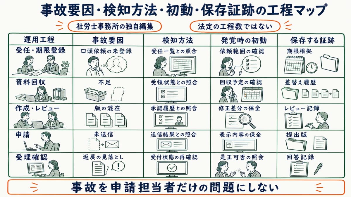 事故要因・検知方法・初動・保存証跡を5工程で対応づけるマップ