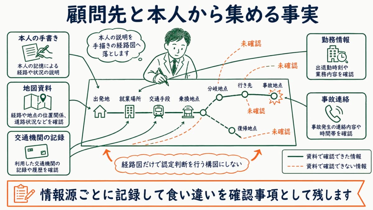 通常経路・離脱地点・復帰地点と資料を一枚に対応づける図