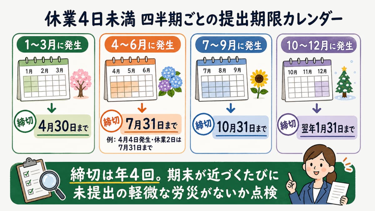 休業4日未満の労働者死傷病報告を四半期ごとに提出する締切カレンダー