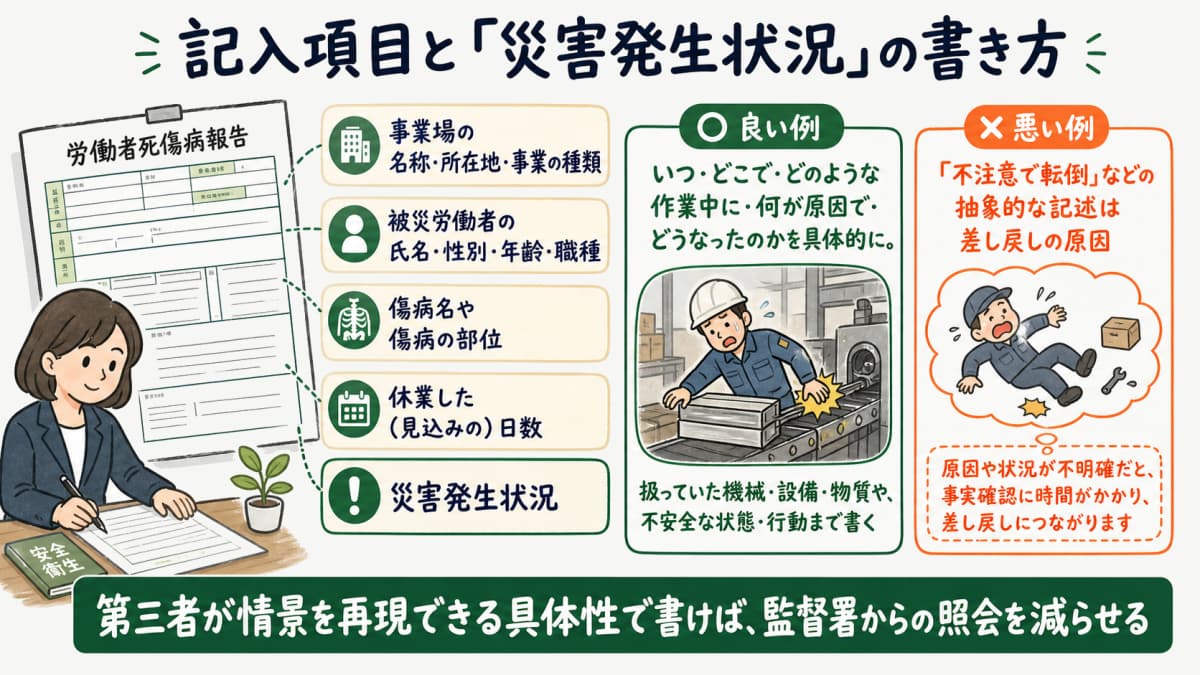 労働者死傷病報告のおもな記入項目と災害発生状況の書き方のポイント