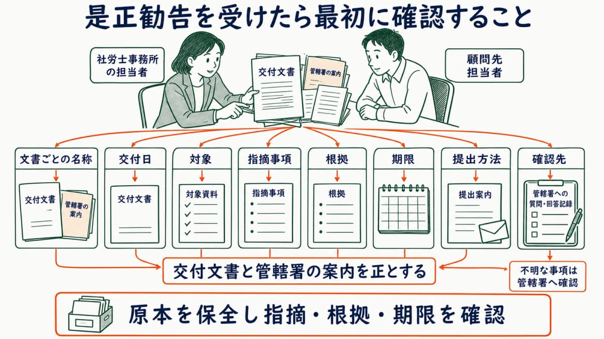 交付文書を起点に指摘・根拠・期限・提出案内を確認する図