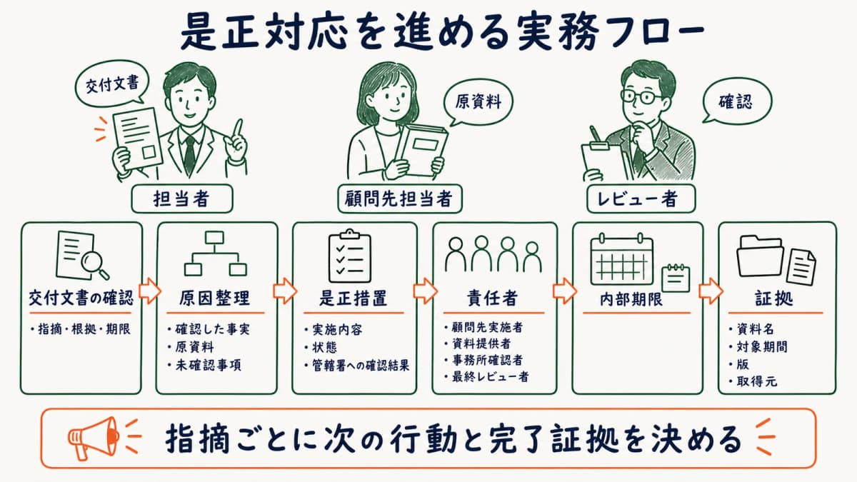 指摘ごとに原因・是正内容・責任者・期限・証拠を割り当てる図