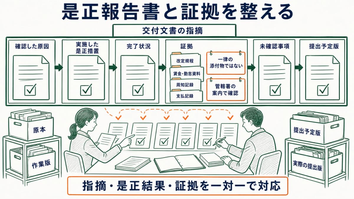 交付文書の指摘と是正結果・証拠を対応させて報告準備する図