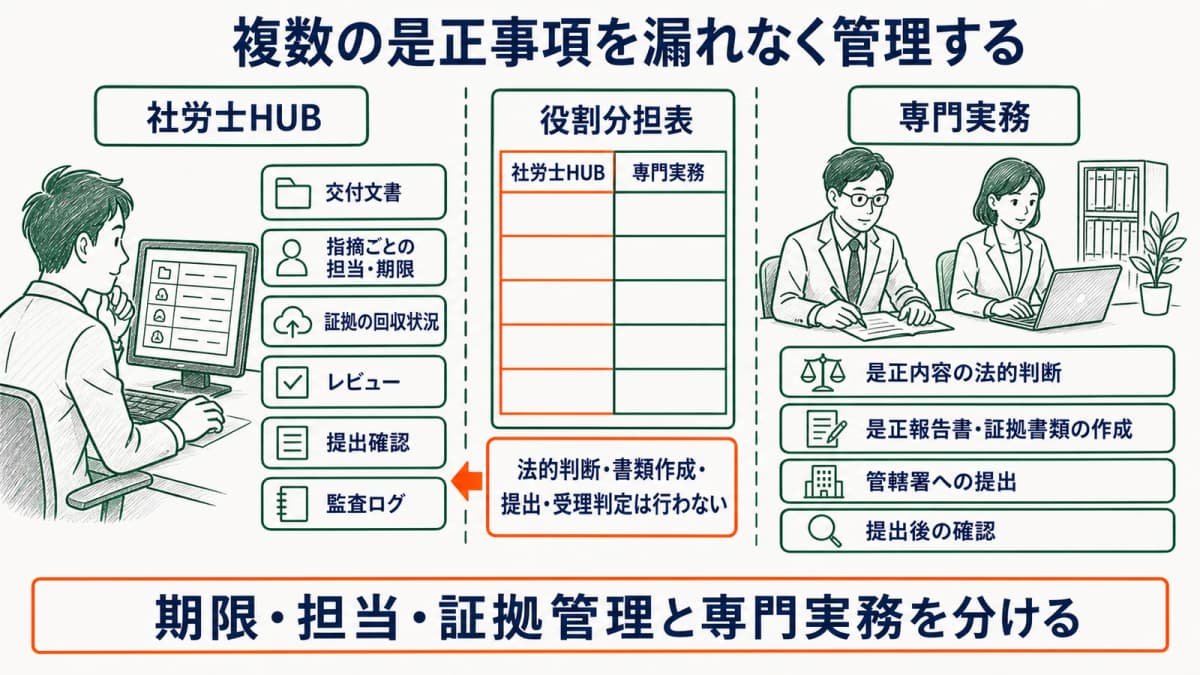 複数の是正事項について期限・担当・証拠・レビュー・提出確認を共有する図