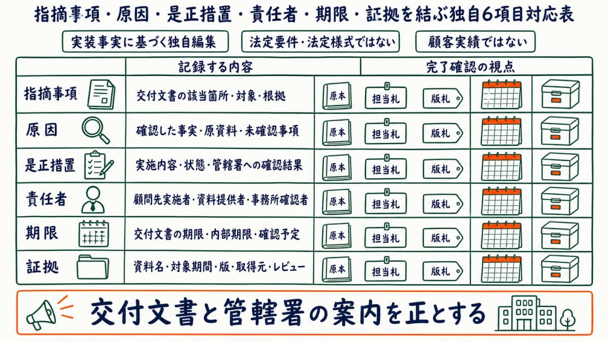 指摘事項・原因・是正措置・責任者・期限・証拠を結ぶ独自6項目対応表