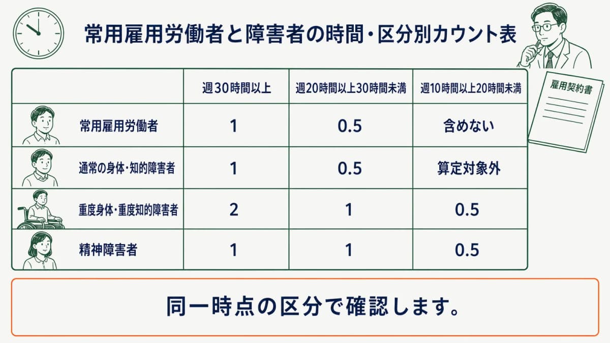 常用雇用労働者と障害者の時間・区分別カウント表