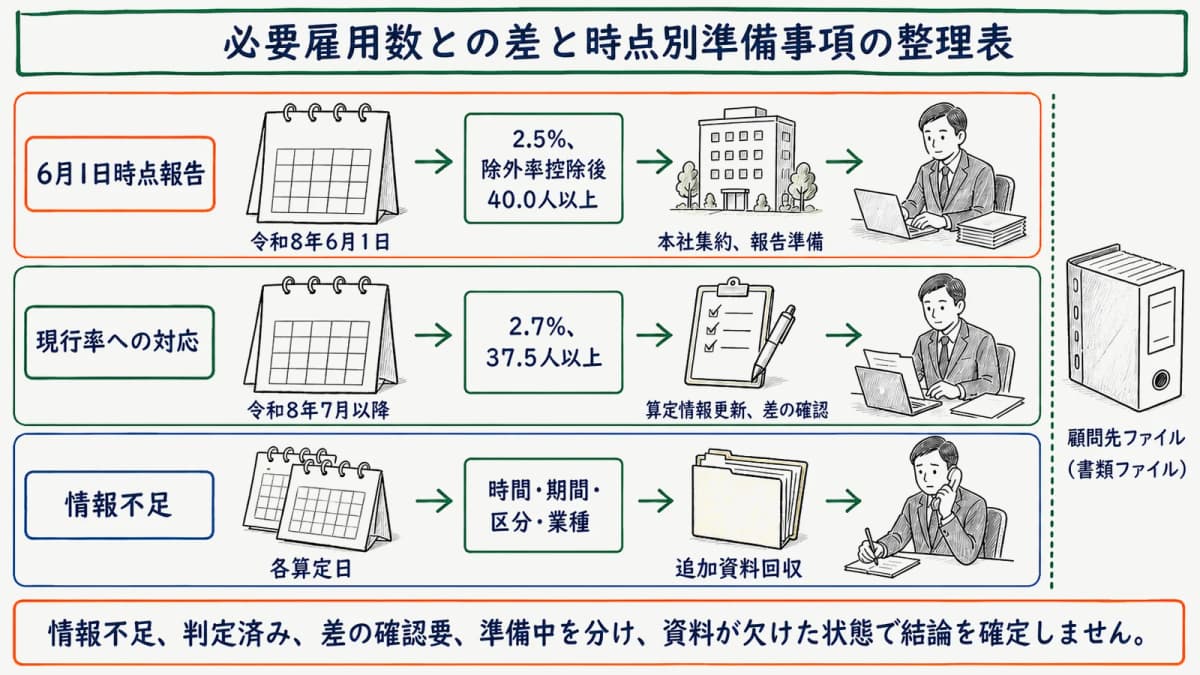 必要雇用数との差と時点別準備事項の整理表