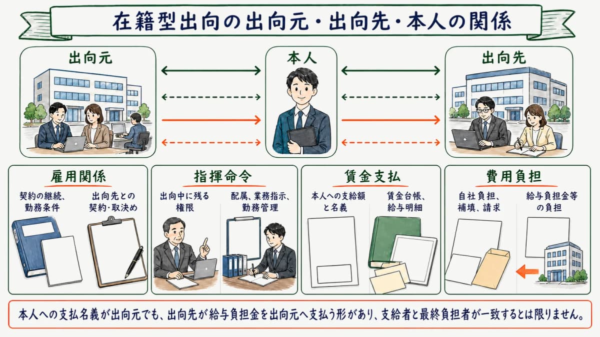 在籍型出向の出向元・出向先・本人の関係