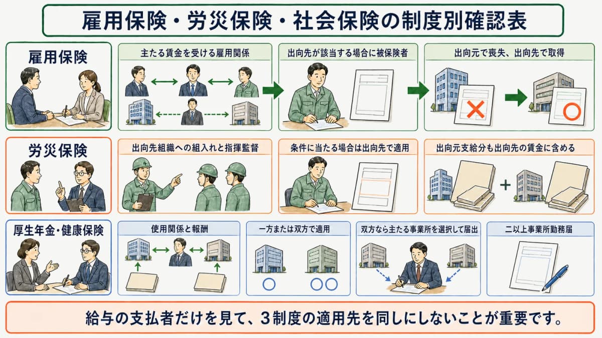 雇用保険・労災保険・社会保険の制度別確認表
