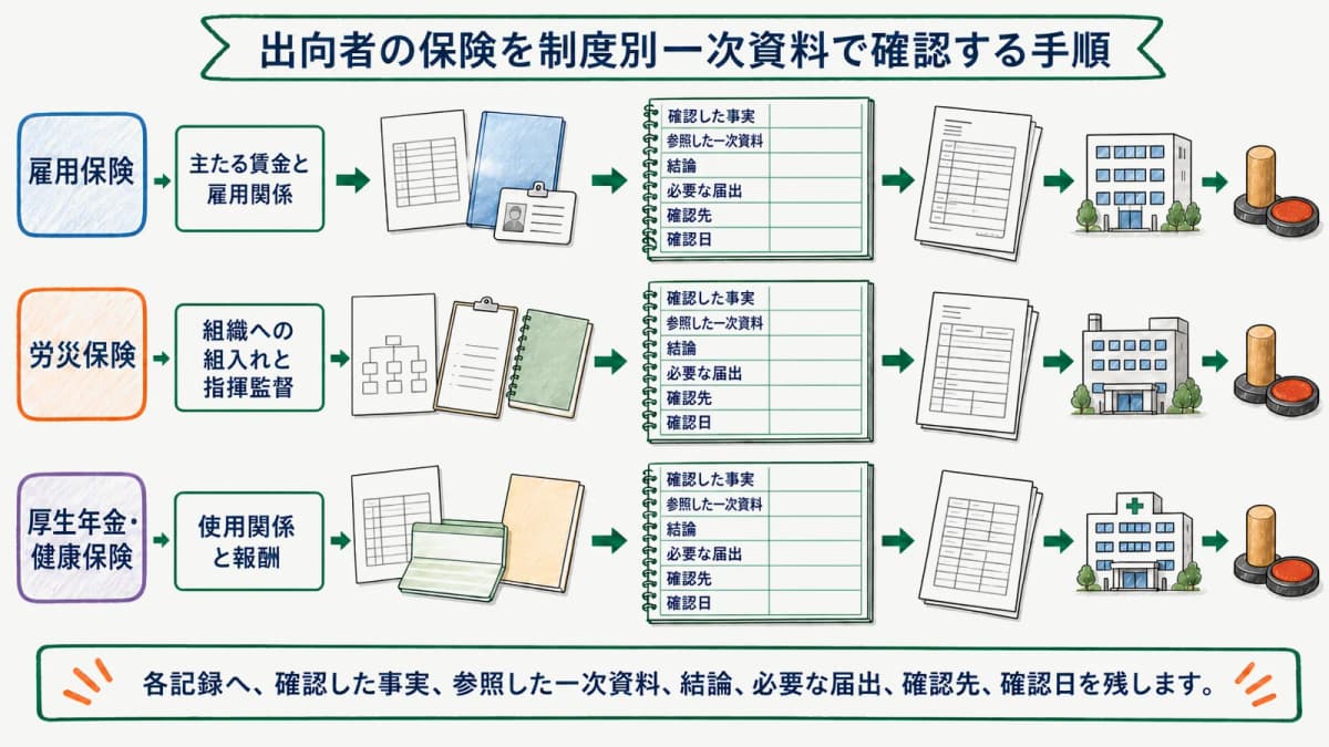 出向者の保険を制度別一次資料で確認する手順