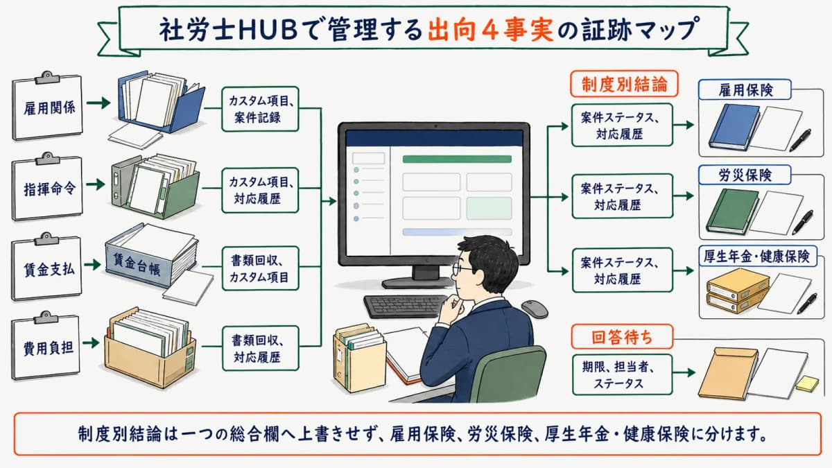 社労士HUBで管理する出向4事実の証跡マップ