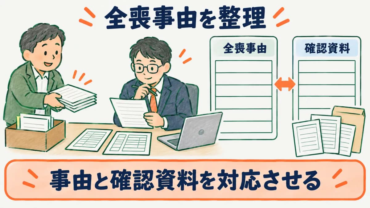 適用事業所全喪届で全喪事由と事実確認資料を整理する図